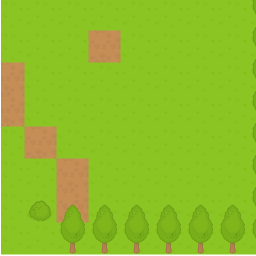 Animiertes gif eines Abschnitts mit Gras-, Erdflächen und Bäumen, erstellt aus wiederholten Abschnitten einer Tilemap, das zeigt, wie Sie beim Scrollen unterschiedliche Bereiche sehen.